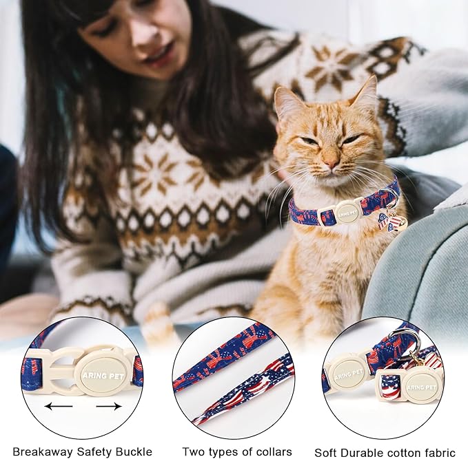 ARING PET 2 Pack American Flag Cat Collar-Cute 4th of July Independence Day Kitty Collars with Bell & Pendant, Adjustable Patriotic Kitten Collars with Safety Buckle