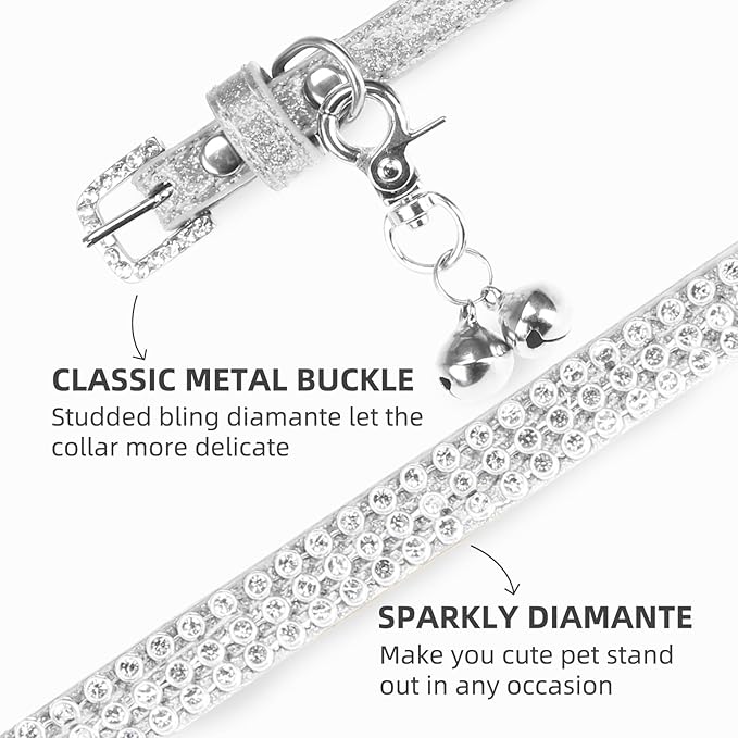 PUPTECK Basic Adjustable Cat Collar with Bling Diamond and Double Bells, for Kitten and Small Puppy, Fashion and Shining Dog Rhinestone Collars, 8-10in, Silver