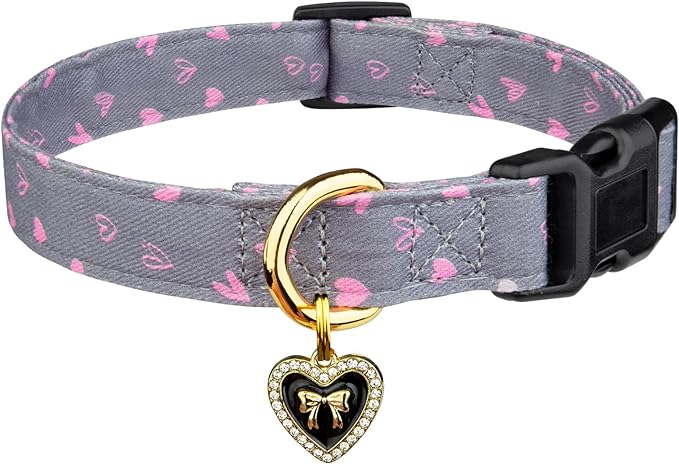 Cotton Handmade Dog Collar Cute and Distinctive Patterns Grey Heart with Pendant for Girl Boy Dogs Collars L