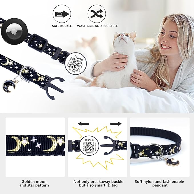 4-in-1 Safety Cat Collar: Glow in The Dark, Reflective, QR Code ID & Airtag Holder | Breakaway Collar with Bell & Moon Star Pendant, 2PCS Adjustable Safe Kitten Collars (Purple)