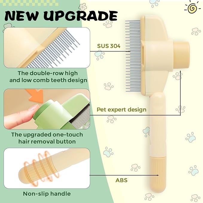 2PCS Pet Comb for Dogs & Cats Pet Hair Removal Comb with Long & Short Stainless Steel Metal Teeth for Shedding and Tangles Self-Cleaning Cat Grooming Brush with Release Button (2PCS set)