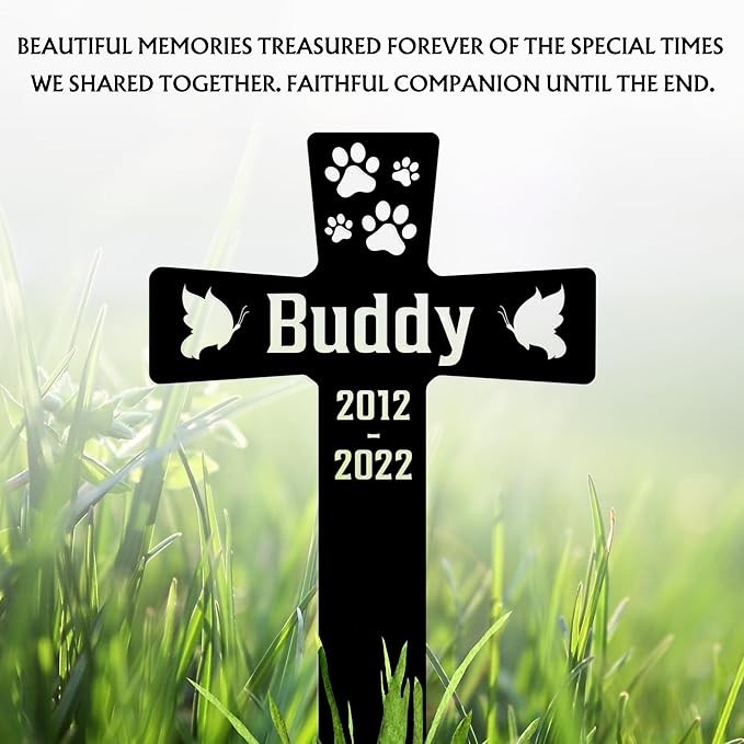 Custom Pet Paws Memorial Cross, Personalized Dog Metal Stake for Cemetery Yard, Sympathy Grave Marker with Paws, Memorial Plaque Cemetery Garden Stake