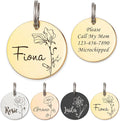 Anavia Floral Pet ID Tags, Birth Month Flowers Theme Dog Tag Round Bone Shape Cat Name Tag, Glossy Stainless Steel Gold Plated Dog Collar Tag (Round - Single Stem - Gold, Large)