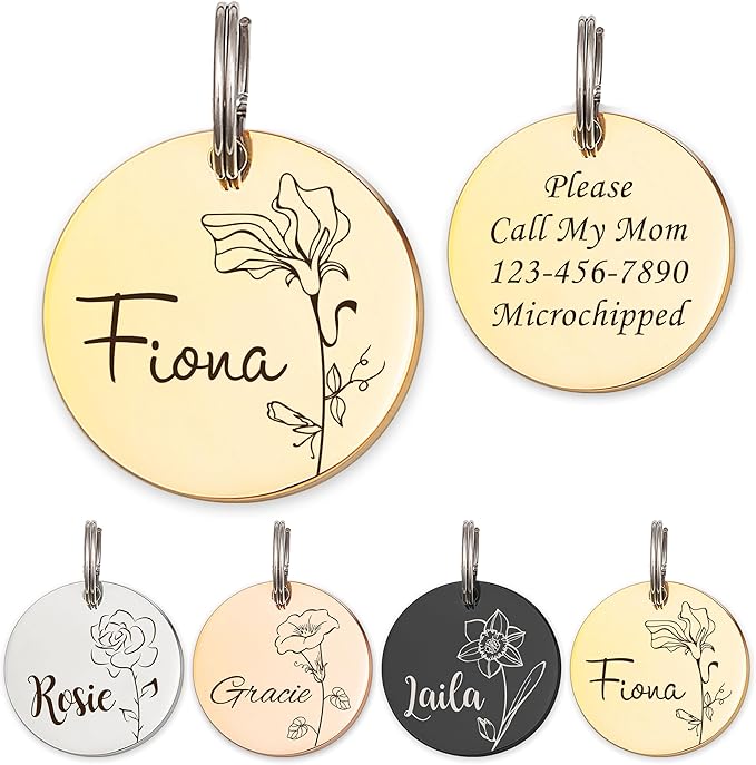 Anavia Floral Pet ID Tags, Birth Month Flowers Theme Dog Tag Round Bone Shape Cat Name Tag, Glossy Stainless Steel Gold Plated Dog Collar Tag (Round - Single Stem - Gold, Small)