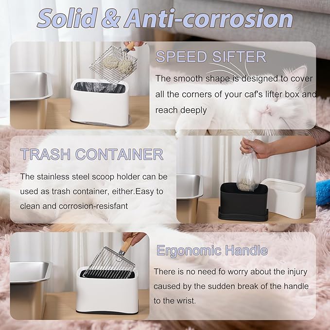 Cat Litter Scooper with Holder, Metal Cat Litter Scoop, Stainless Steel Sifting Shovel, Poop Sifter&Speed Sifter, Heavy Duty Wood Grip Kitty Litter Scooper for Easy Cleaning, Cats Accessories