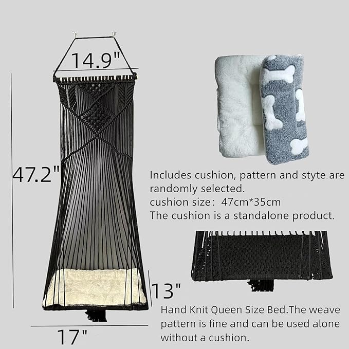 Macrame Hanging Cat Hammock Bed Cat Swing House Space Saving Window Perch with Washed Cotton Cats Toy Tassel Basket Tapestry (Black, Swing Bed+Cushion, L)