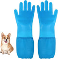 Dog & Cat Grooming Gloves – 2-in-1 Silicone Shower Gloves with Finger Toothbrush – Soft, Multifunctional Pet Hair Remover for Bathing, Massaging & Cleaning(Blue)