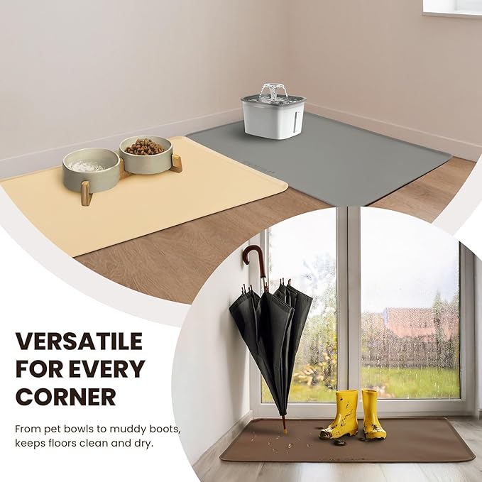 VIVAGLORY Dog Food Mat Flexmat Dog Bowl Mat, Placemat Food Tray with Raised Edges & Lip for Indoor Floor, Non Slip Waterproof Silicone Dish Placemat for Cat & Pet, L, Beige Yellow