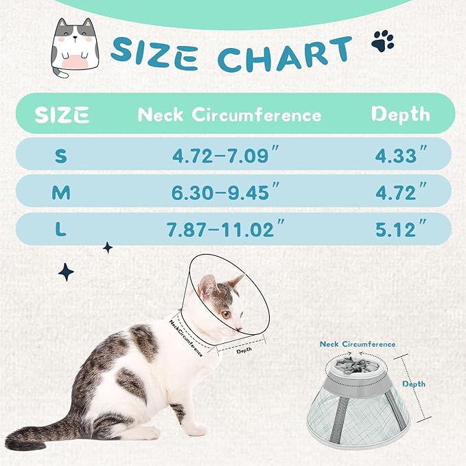 Supet Cat Cone Collar Soft, Air Mesh Recovery Collar to Stop Licking, Breathable Neck Cone Alternative, Lightweight Cat Head Cone Anti Scratch (Green,S)