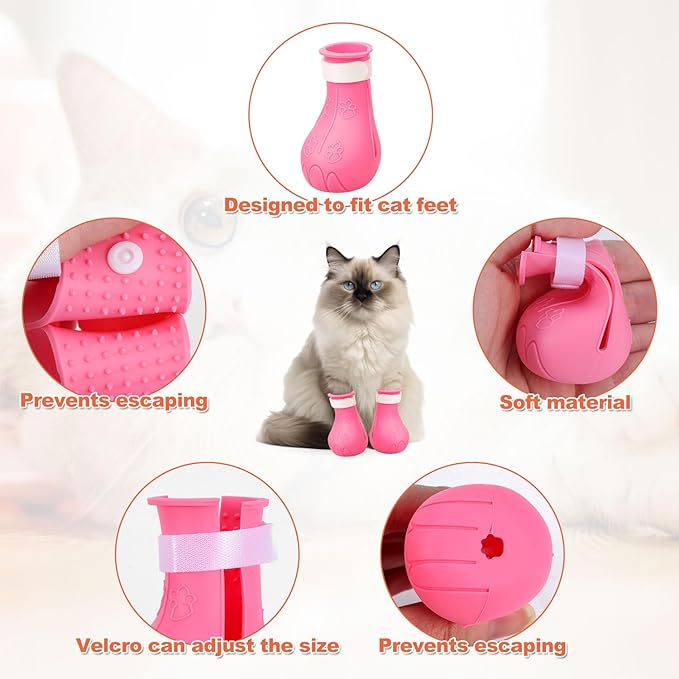 Gosknor 4pcs Cat Feet Covers, Adjustable Anti-Scratch Anti-Bite Silicone Kitten Paw Claw Caps Boots for Nail Trimming Bathing Checking Multifunctional Pet Grooming Protector Products (Pink)