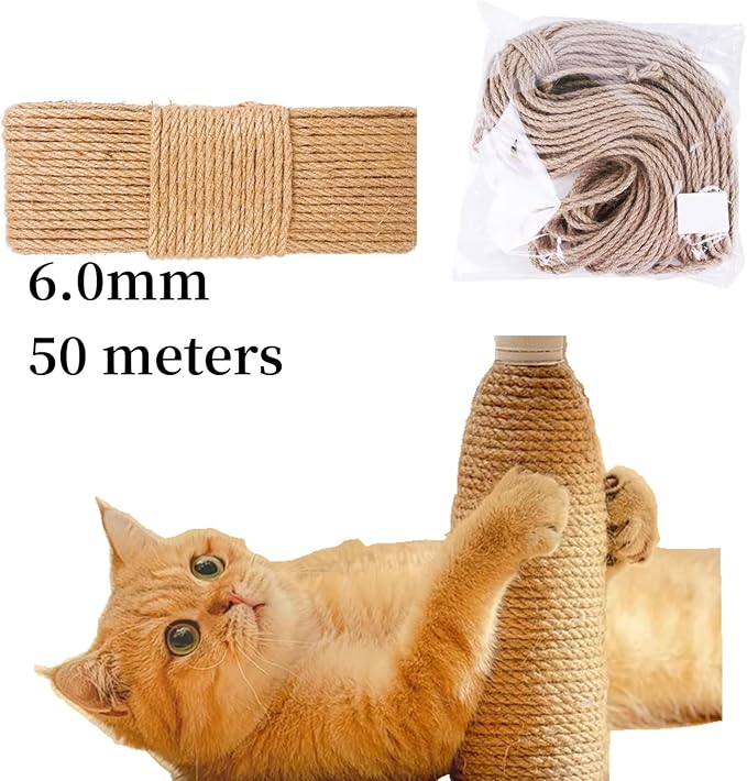 Sisal Rope for Cat Scratchers, Cat Tree,Cat Scratching Sisal Rope Natural Jute Hemp Rope, Ideal for Replace Scratching Post, Repair Cats Tree, DIY Projects 6mm (50m/164 Feet)