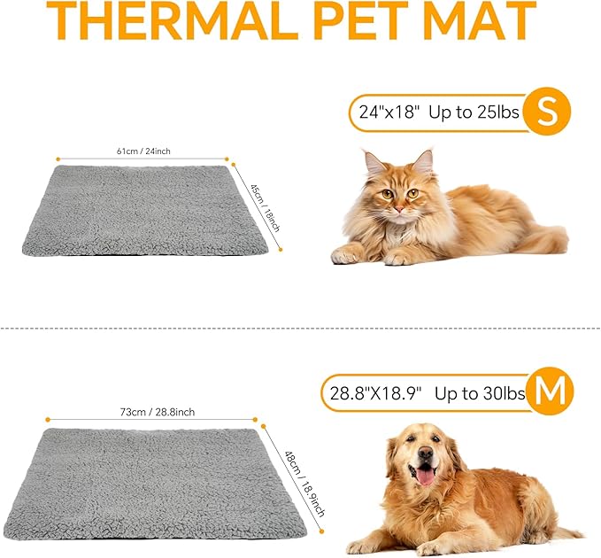 Self Warming Cat Bed Self Heating Cat & Dog Pad - Waterproof Heated Thermal Mat, Non-Slip, Washable for Senior Pets, Kittens, Dogs, Indoor/Outdoor Use, Non-Electric (Grey, 24" X 18")