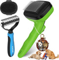 3PC Dog Brush Kit - Self-Cleaning Slicker Brush with Bath Brush & Undercoat Rake | Deshedding Tools for Large - Small Dogs & Cats, Professional Pet Grooming Set for Heavy Shedding, Green