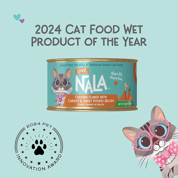 LOVE, NALA - Chicken Flaked with Carrot & Sweet Potato in Broth - 24 Pack, 4.8 lbs - Natural Adult Cat Wet Food Flaked -Grain Free, Non-GMO, Lean Protein, Added Minerals & Vitamins