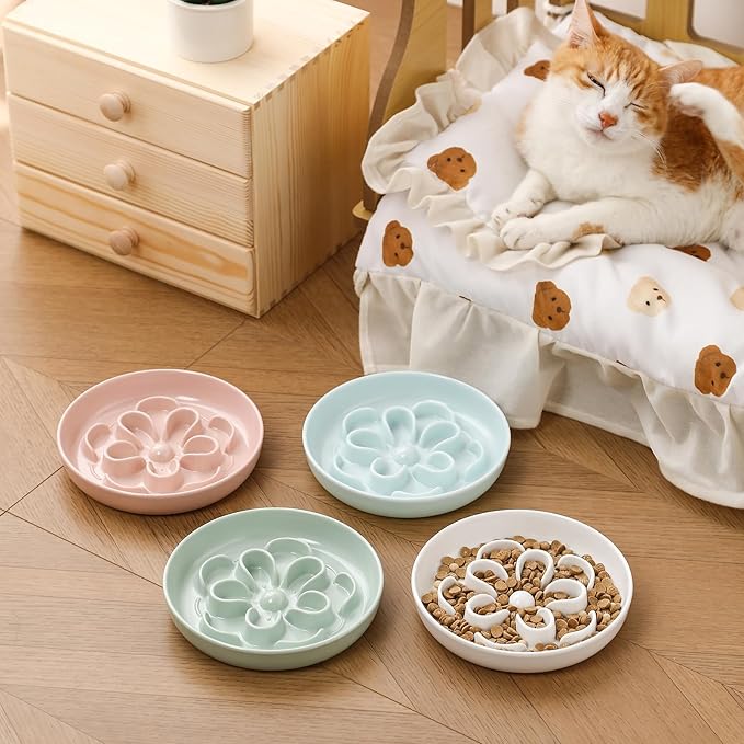 Melamine Cat Slow Feeder Bowl - Floral Maze Cat Food Dish - Flat Plate for Dry & Wet Food - Cute Kitten Bowl - Dishwasher Safe - 6.3'' W x 1'' H - 5.5 oz (160g) - Blue
