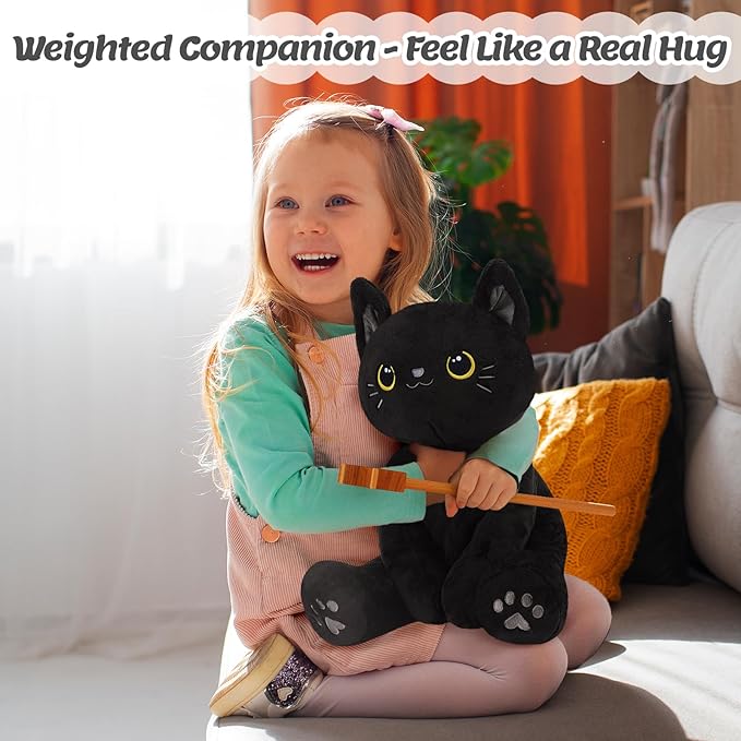 BRICHOEE Weighted Stuffed Animals, 5lbs Black Cat Plush Calming Weighted Black Cat Stuffed Animals, Cute Plush Toy Sensory Plushie Pillow Birthday Gifts for Adults Baby Kids Boys Girls