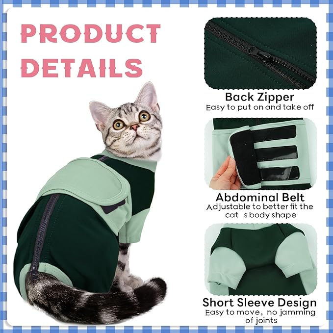 Cat Apparel for Small Cats, Adjustable Relief Vest with Zipper, Suitable for Thunderstorms, Fireworks, Separation, Travel, Anti-Anxiety Comfortable Wrap to Keep Pet Calm, Green Small