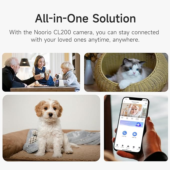 Noorio Two Way Video Calling Camera, 2K One Click Call Pet Camera Indoor with Phone App, 2.4G WiFi Only 360° PTZ Dog Cam with Speaker, CL200