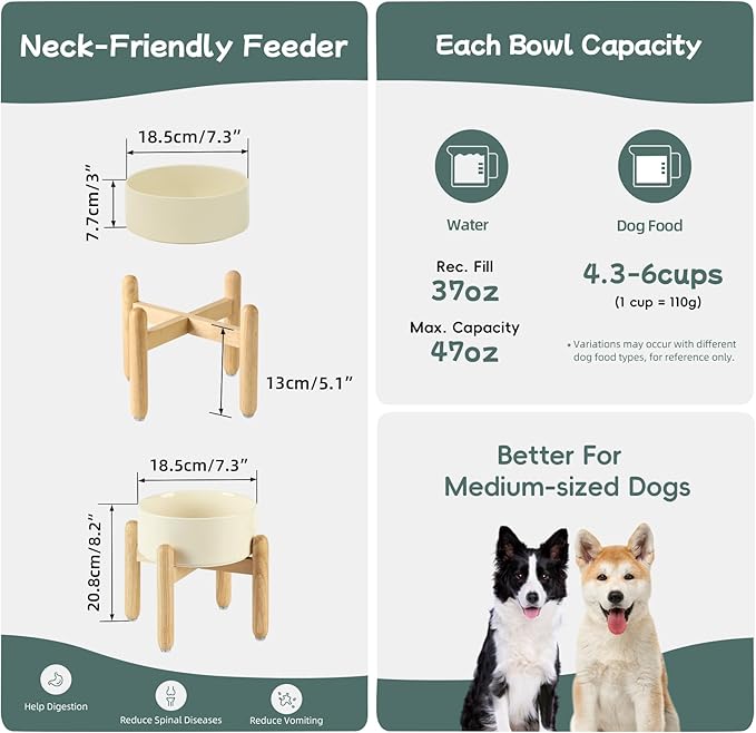 Ceramic 7.3inch Raised Dog Bowl Set, Elevated with Wooden Stand, Food and Water Bowl for Medium Breed Dogs, Weighted Dog Dishes, Pet Feeder(Light Yellow)