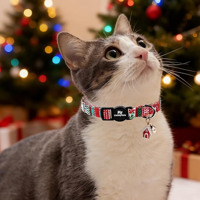 Christmas 2 Pack Cat Collar, Cute Soft Breakaway Kitty Collar with Bell&Pendent, Cotton Christmas Plaid Collar with Safety Buckle for Girl Boy Cats