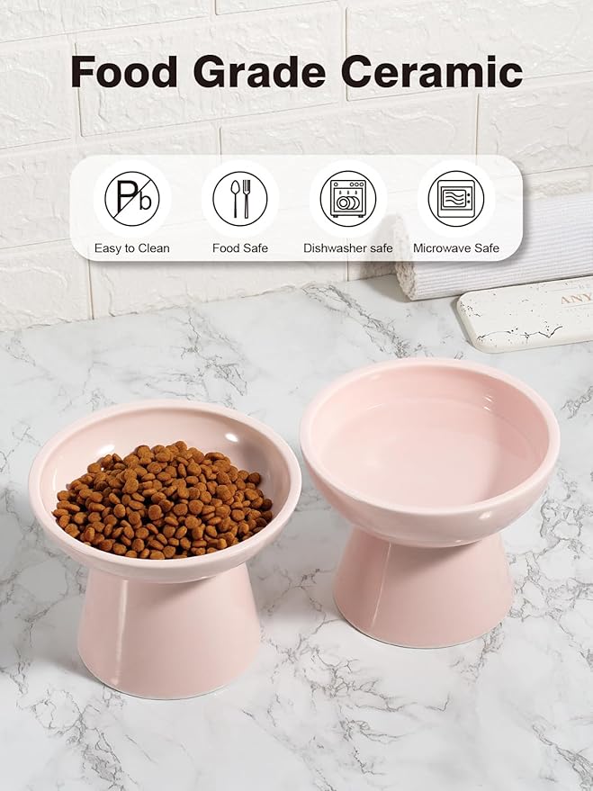 LoeJan Elevated Cat Food and Water Bowls Set, Pink - Raised Ceramic Anti-Vomit Whisker-Free Feeder for Kittens to Adult Cats