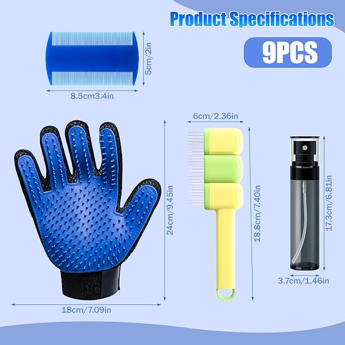 9 PCS Multifunctional Pet Grooming Brush Set for Dogs & Cats – Deshedding Gloves, Hair Removal Combs, Spray Bottle & Lice Flea Combs, Essential Bathing,Brushing & Shedding Tool Kit for Dog & Cat Care