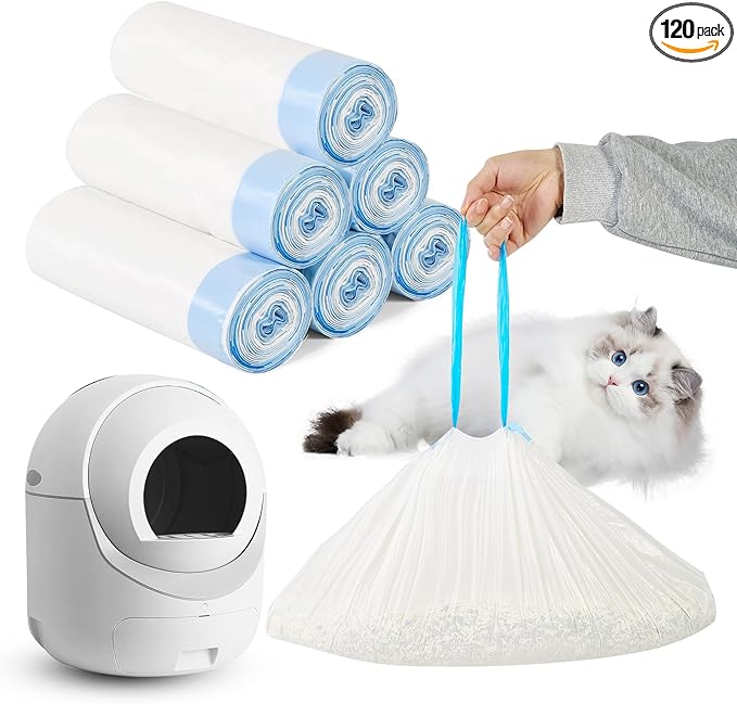 Cat Litter Bags 120 Count, 21.65"x11.8" Drawstring Close Litter Box Liners for Automatic Litter Box,Thick Cat Poop Bags,Easy to Clean,Heavy Duty Robot Bag for Self-Cleaning Box