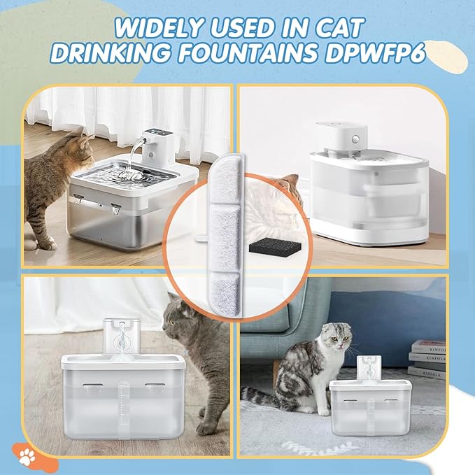 8Packs Replacement Filters Compatible with Downy Paws Cat Water Fountain - Triple Filtration Filters for DownyPaws 84oz/2.5L Wireless Pet Fountain DPWFP6 (8 Filters & 8 Sponges)