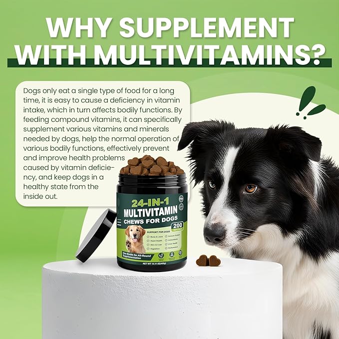 24-in-1 Dog Multivitamins Chewable, 200 Count Dog Vitamins and Supplements with Glucosamine Chondroitin Probiotics Omega-3 for Skin Coat Hip Joint Heart Liver Brain Eye Support - Chicken