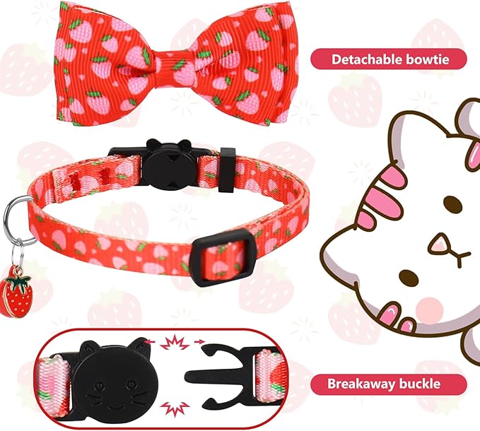 JarThenaAMCS 3Pcs Strawberry Cat Collar Pink Red Fruit Bowtie Collar with Breakaway Bell Cute Adjustable Kitten Collars for Summer Girl Boy Cat Small Pet