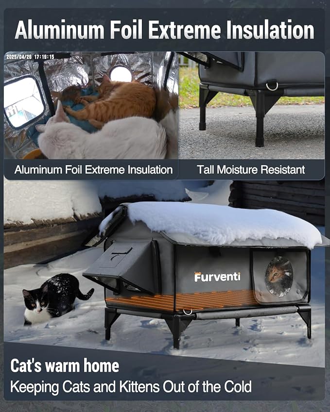 Heated Cat House for Outside,Extremely Weatherproof&Insulated in Winter,Elevated Outdoor Cat Shelter with Waterproof Eaves&Escape Door for Feral Stray Barn Cats(Dark Grey,S)