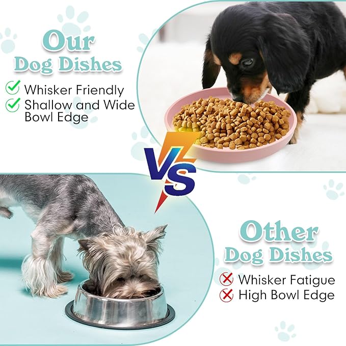 Silicone Dog Bowl Shallow Cat Food Bowls 7" Wide Puppy Plates Whisker Fatigue Pet Feeding Dishes for Dry Food and Wet Food Indoor (Round Pink)