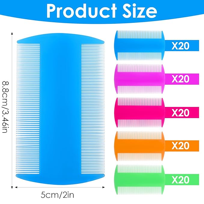 100 Pcs Double Sided Fine Tooth Flea Comb Lice Comb Pet Grooming Tool for Cats, Dogs, Kittens, Lice Dandruff Removal, 5 Colors, 3.5 x 2 Inch