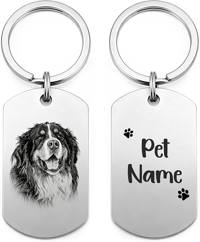 Custom Dog or Cat Portrait Keychain, Personalized Photo Engraved Keychains with Name, Customized Pet Memorial Gifts for Loss of Pets (Dog Tag Shape)