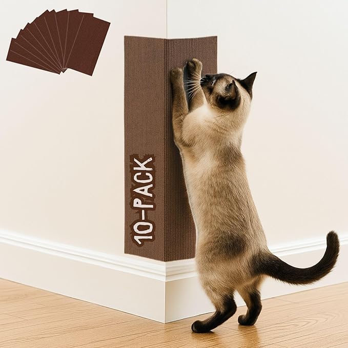 Cat Scratch Mat (Brown, 10-Pack), 23.6’’ x 11.8’’ Cat Wall Corner Scratcher, Versatile Self-Adhesive Replacement Easy Use for Cat Trees, Furniture, Scratching Posts, and Couch Protection