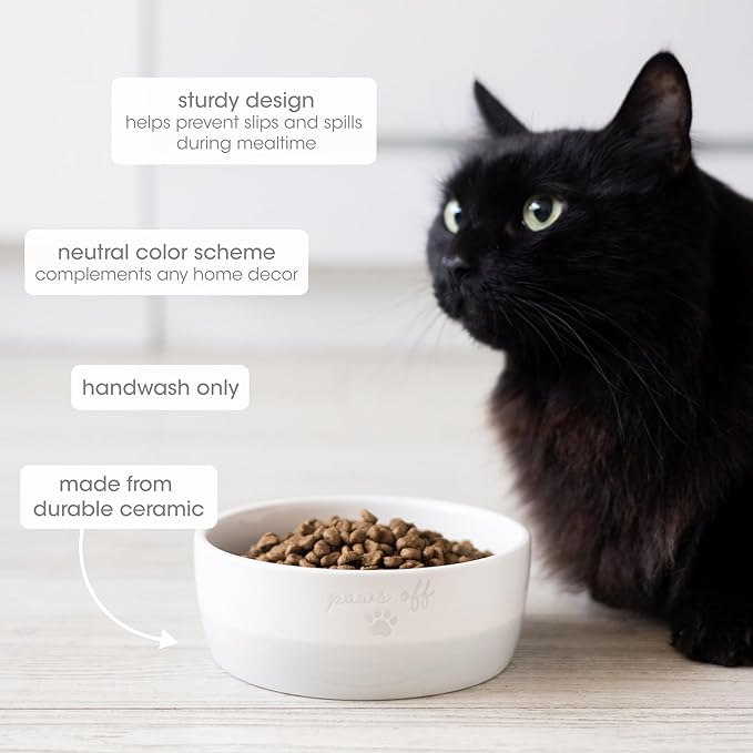 Pearhead Ceramic Paws Off Cat Bowl, Holds 12 oz, Whisker-Friendly Pet Dish for Food and Water, Heavy Non-Slip Base