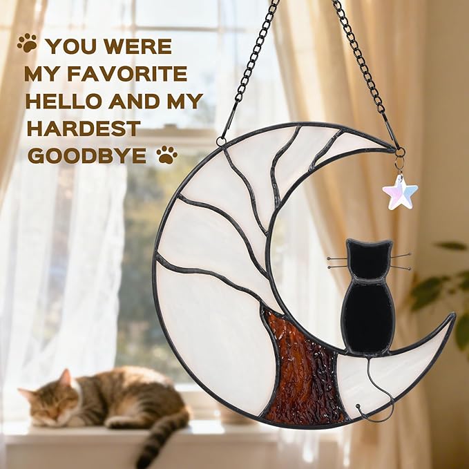 Cat Memorial Suncatcher, Handmade Stained Glass Window Haninging Suncatcher, Pet Memorial Gift for Cat Loss, Sympathy Gift with Moon & Tree of Life for Pet Lovers