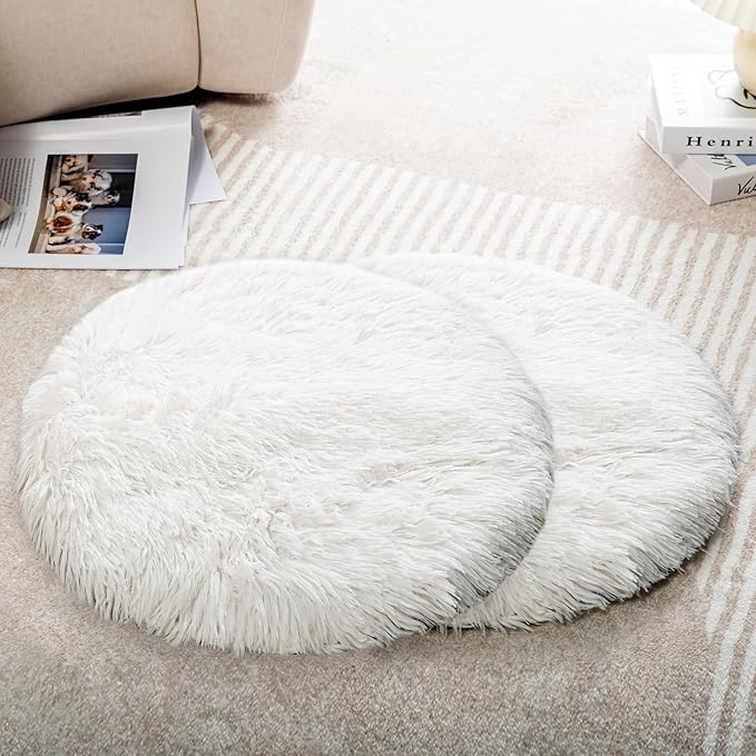2PCS Round Plush Pet Mat Thin Style Pad Mat for Cats, Small Dogs, Rabbits, Guinea Pigs, Washable Soft Sofa pad, for Crate Cat Tree Tower Window Perch (White, Small (15.8inch) - 2pcs)
