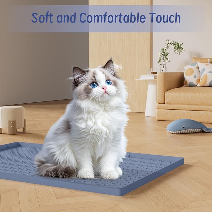 Silicone Large Cat Litter Mat 34" X 22", Cat Mat for Litter Box, Cats Litter Trapping Mat, Non-Slip and Waterproof, Raised Edges, Blue