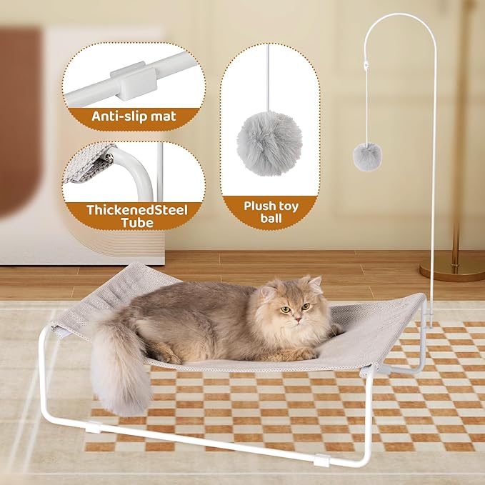 Elevated Cat Hammock Bed,Large Breathable Cat Beds for Outdoor and Indoor,Water Repellent Fabric,with Hanging Ball Toy,Removable Cover,Portable Pet Bed Raised Cuddler for Sleeping Kittens, Small Dog