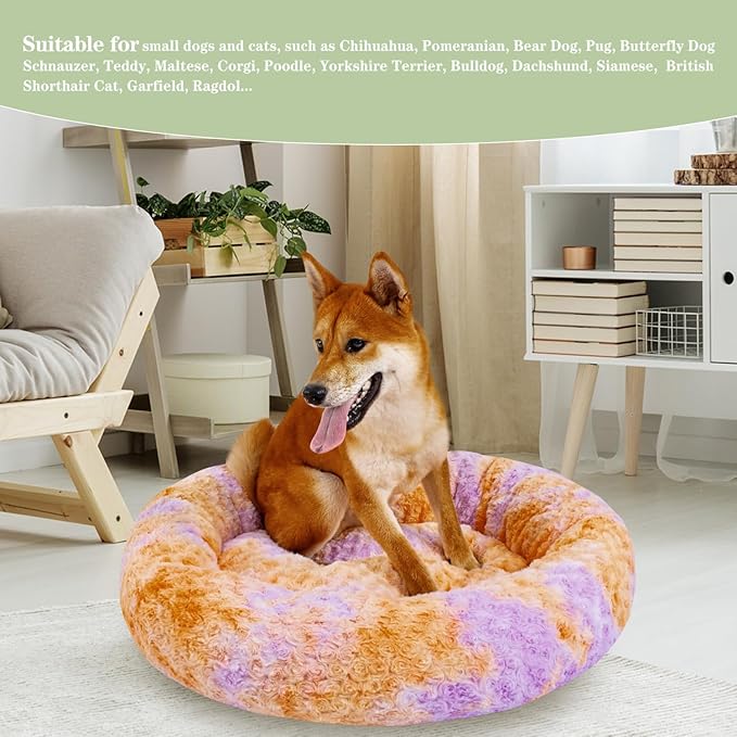 Calming Dog Bed for Medium Dogs Cats, Puppy 31'' Round Anti-Anxiety Warm Fluffy Plush Faux Fur Bed, Soft Anti-Slip Donut Washable, Cozy Medium Puppy Bed, Fits up to 50 lbs Pets