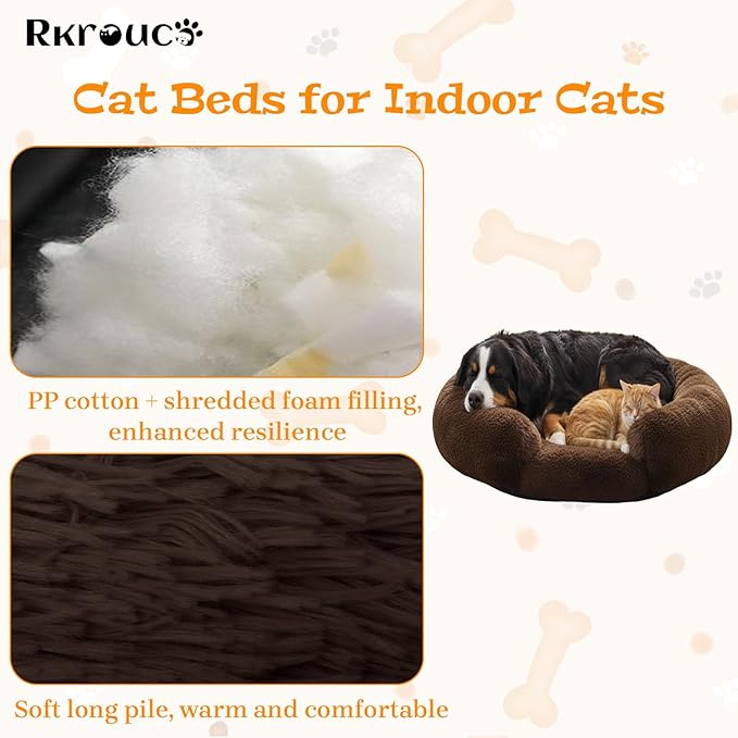 Fluffy Dog Bed Calming Donut Beds for Large Dogs Warming Round Small Medium Pet Nest Cozy Cat Mattress Indoor Washable Puppy Kennel Kittens Sleep Mat (M, 27.5×27.5 inch, Brown)