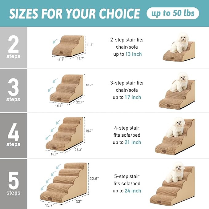 Dog Stairs for Small Dogs 15.7" H, Curved Dog Step for Puppy, Older Cat, Medium Pet Ramp for Sofa, Couch or Chair, Ladder with High Density Foam, 3 Step, 15.7x22.4x15.7 inch, Light Brown