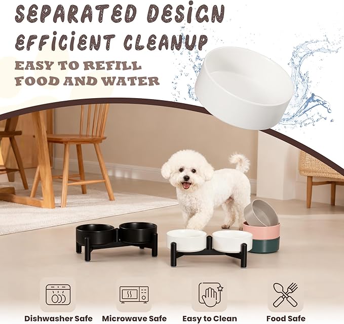 Raised Ceramic Dog Bowl Set - Elevated Double Dishes with Stainless Steel Stand - Food and Water Bowls for Small Dogs and Indoor Cats - Each Holds 1.6 Cups (10.8 fl oz) - Pink