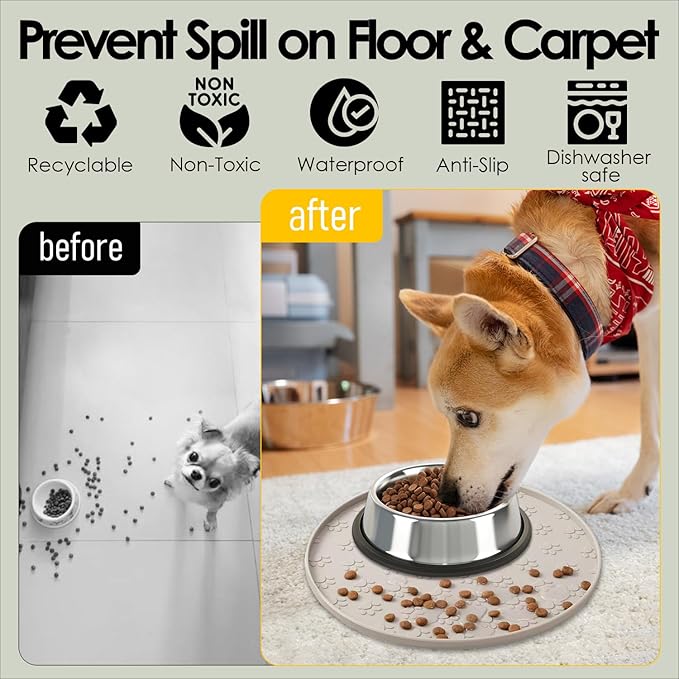 Pet Feeding Mats for Food and Water, Waterproof Anti-Slip Placemats for Dog Cat Bowl, 2 Pack Silicone Pet Food Mat, Dishwasher Safe 10.9 × 10.9 (2 Beige, Small Paws)
