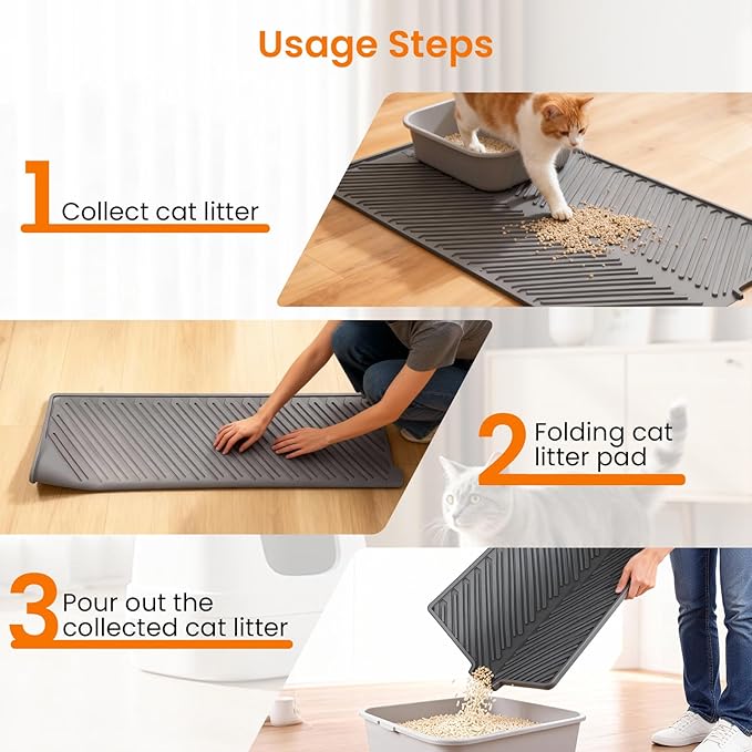 Cat Litter Box Mat, 34" x 22" Large Silicone Waterproof Litter Trapping Mat for Scatter Control, Non-Slip, Easy to Clean, Soft on Kitty Paws
