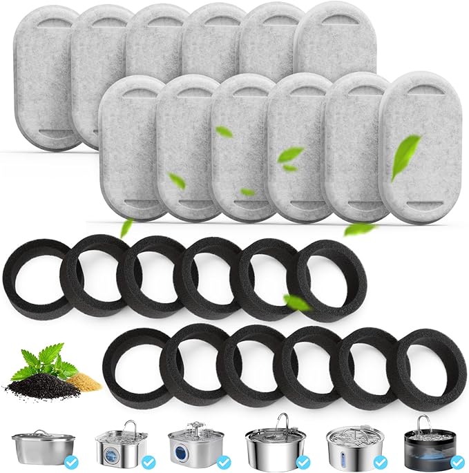 12 Packs Cat Water Fountain Filters Applicable for Stainless Steel pet Water Dispenser PLWF003/2L/67oz & PLWF006/3.2L/108oz，,Dog Water Fountain (12 Filters&12 Sponges)