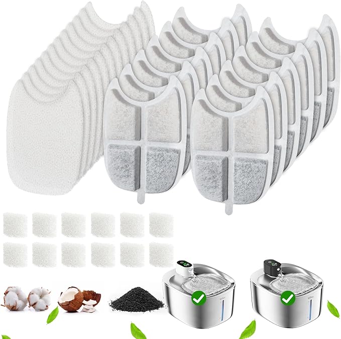 12 Pack Filters Replacement Filters for FS10 Plus, 6 Layer Filter, Pet Drinking Fountain for 138 fl oz/4.1L FS10 Plus (White, 12 Filters + 12 Sponges & 12 Pump Filters)