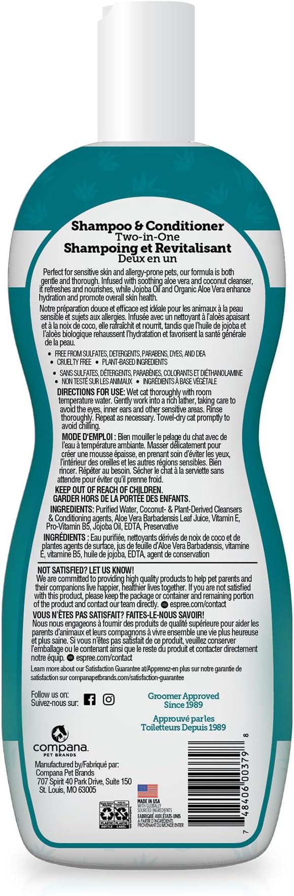 Espree Hypoallergenic Cat Shampoo & Conditioner, Tearless Formula with Aloe Vera, Sulfate-Free, Paraben-Free, Harsh Chemical and Dye-Free, Safe for Sensitive Skin, 12oz