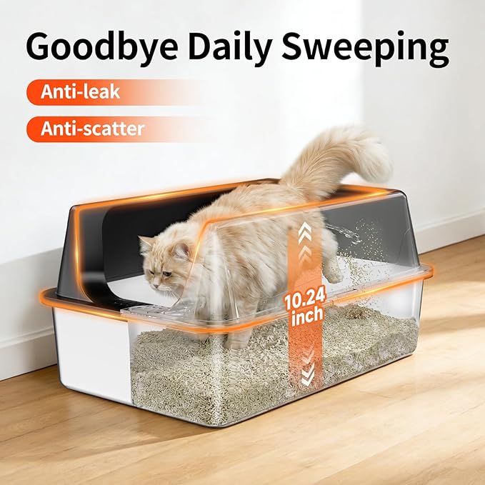 2 Pack XL Stainless Steel Litter Box with High Sides Shield for Multi Cat, Extra Large Tall Wall Open Top Deep Metal Pan for Big Cats, Anti-Leak Non-Stick Odor Control, 2 Scoops Included, Black